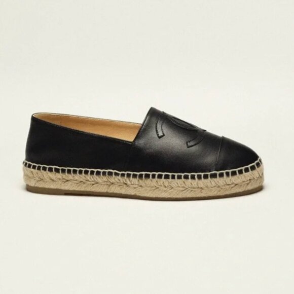 CHANEL Cruise Lambskin Leather CC Espadrilles Flats Slip On Gum Sole Black - Picture 3 of 9